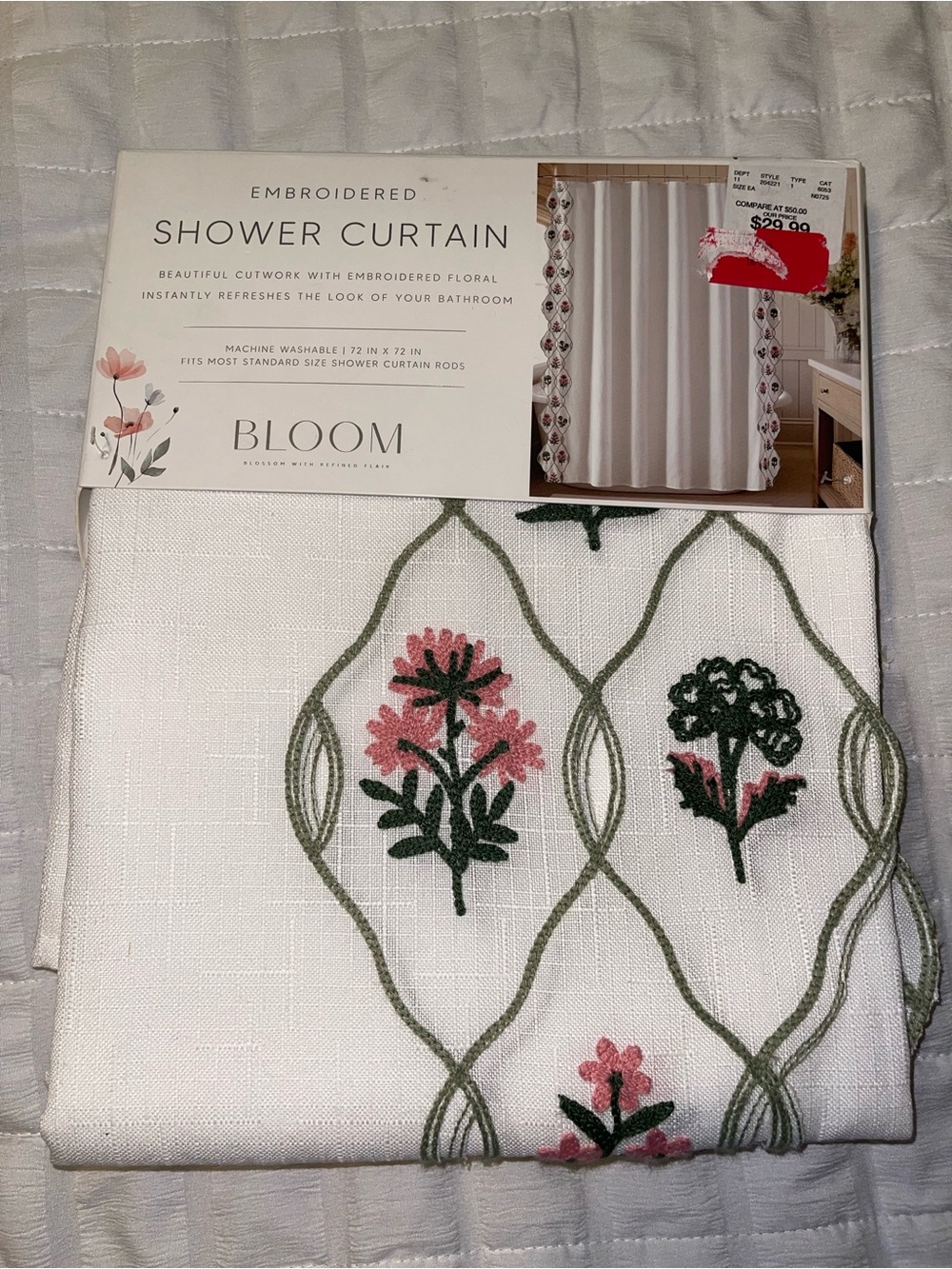 bloom White Embroidered Shower Curtain with Pink & Green Floral Motifs